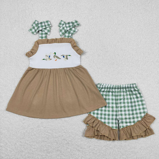 Baby Girls Boys Sibling Ducks Tunic Green Checkered Shorts Rompers Outfits Clothes Sets