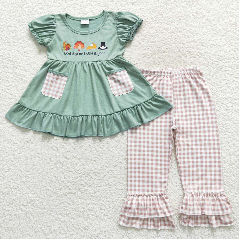 Baby Girls Thanksgiving Green Turkey 2Pcs Ruffle Pants Clothes Sets