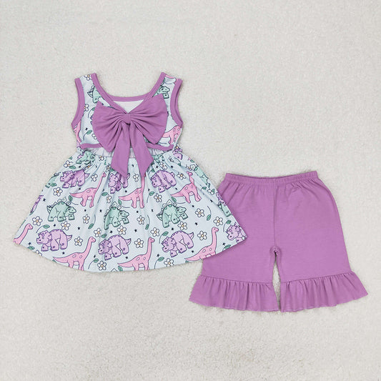 Baby Girls Purple Dinosaur Bow Tunic Ruffle Shorts Clothes Sets