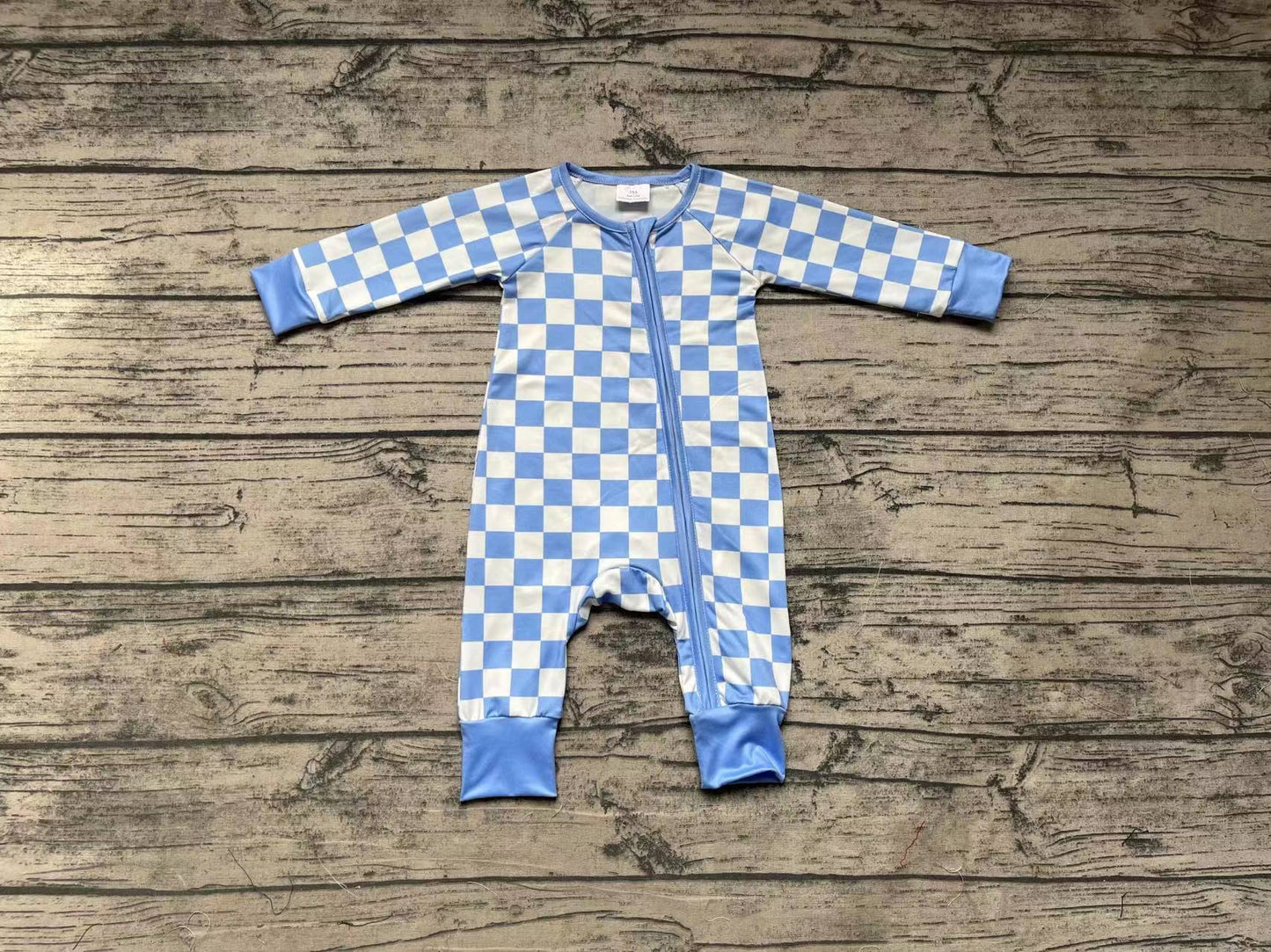 Baby Infant Kids Blue Checkered Long Sleeve Zip Sleepers Rompers