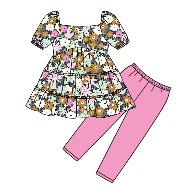 Baby Girls Spring Pink Green Flowers Tunic Legging Bottom Pants Clothing Sets Preorder(moq 5)