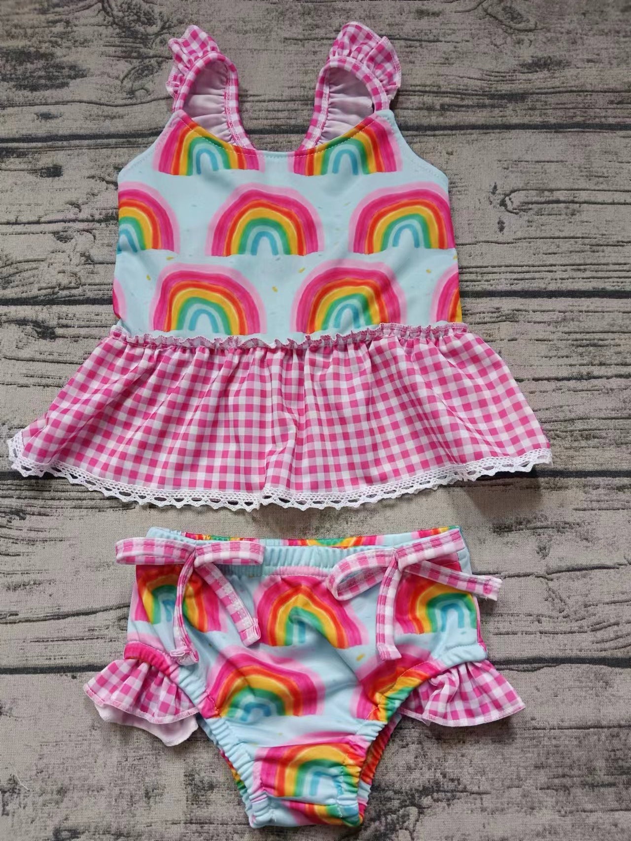 Baby Girls Pink Rainbow Ruffle Top Bummie Swimsuits Clothes Sets Preorder(moq 5)