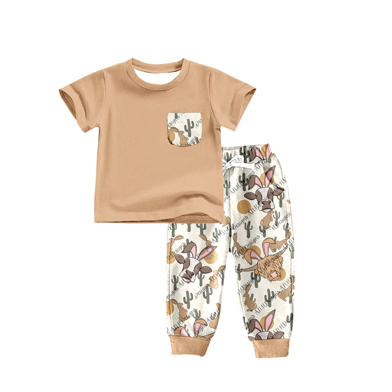 Baby Boys Easter Pocket Top Highland Cow Pants Clothing Sets Preorder(moq 5)
