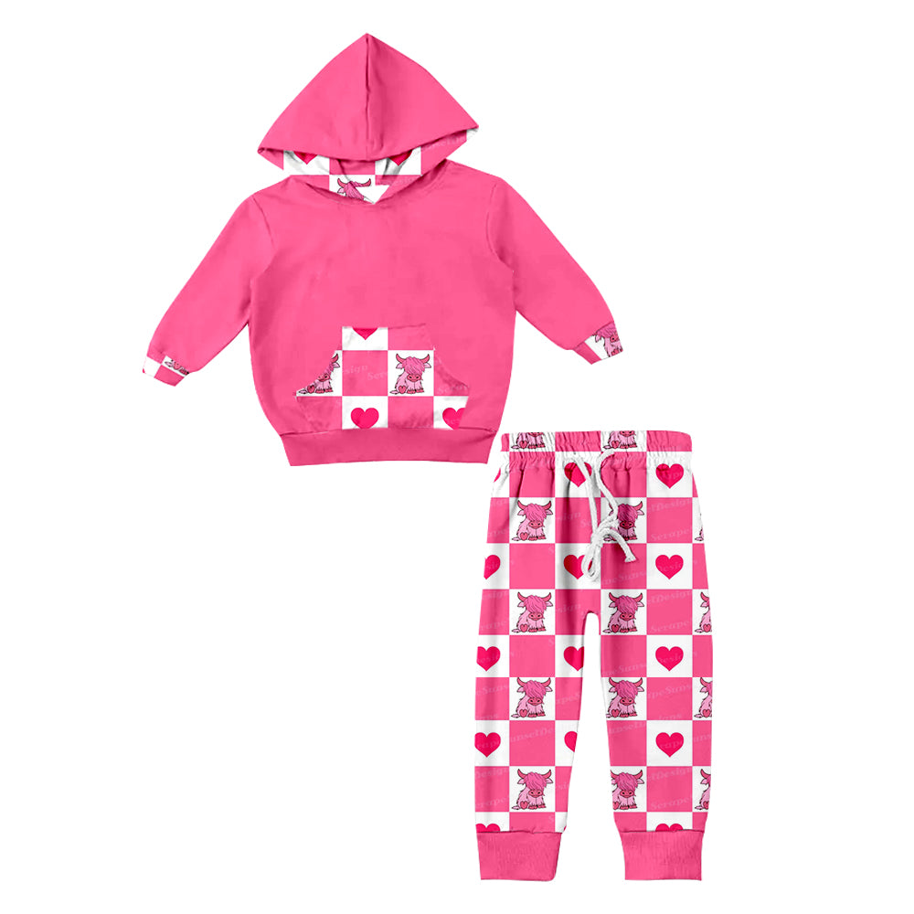 Baby Girls Western Highland Cow Pink Hooded Top Pants Clothing Sets Preorder(moq 5)