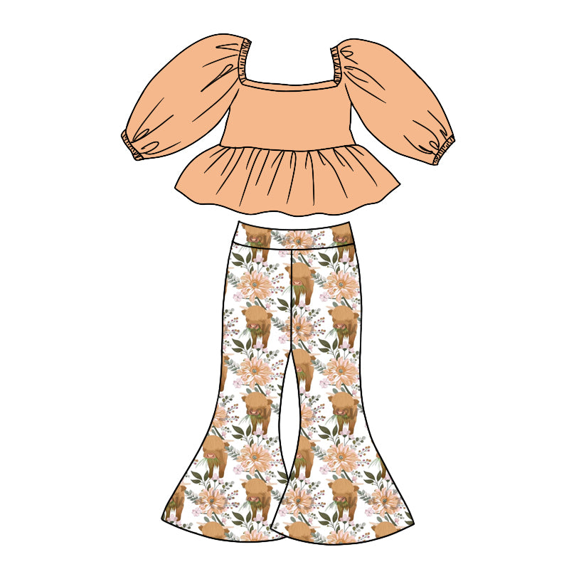 Baby Girls Orange Top Tee Shirt Highland Cows Bell Pants Clothing Sets Preorder(moq 5)