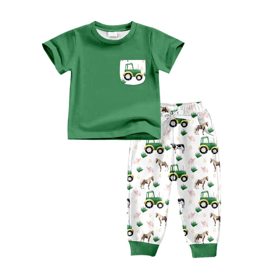 Baby Boys Green Tractor Farm Pocket Tee Shirt Pants Clothing Sets Preorder(moq 5)