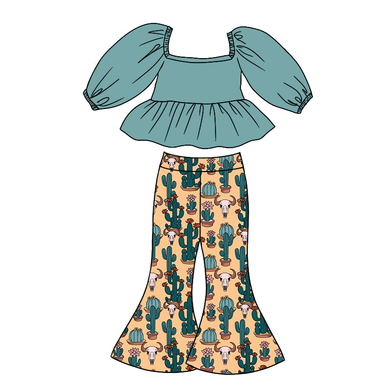 Baby Girls Green Tee Shirt Western Cow Cactus Bell Pants Clothing Sets Preorder(moq 5)