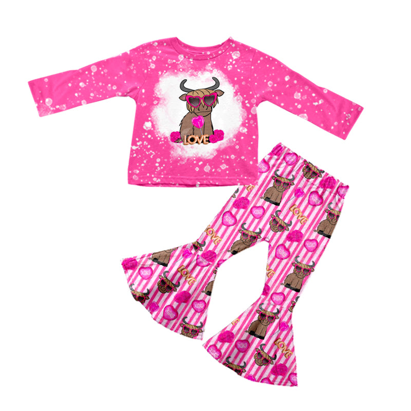 Baby Girls Western Highland Cow Pink Top Bell Pants Clothing Sets Preorder(moq 5)