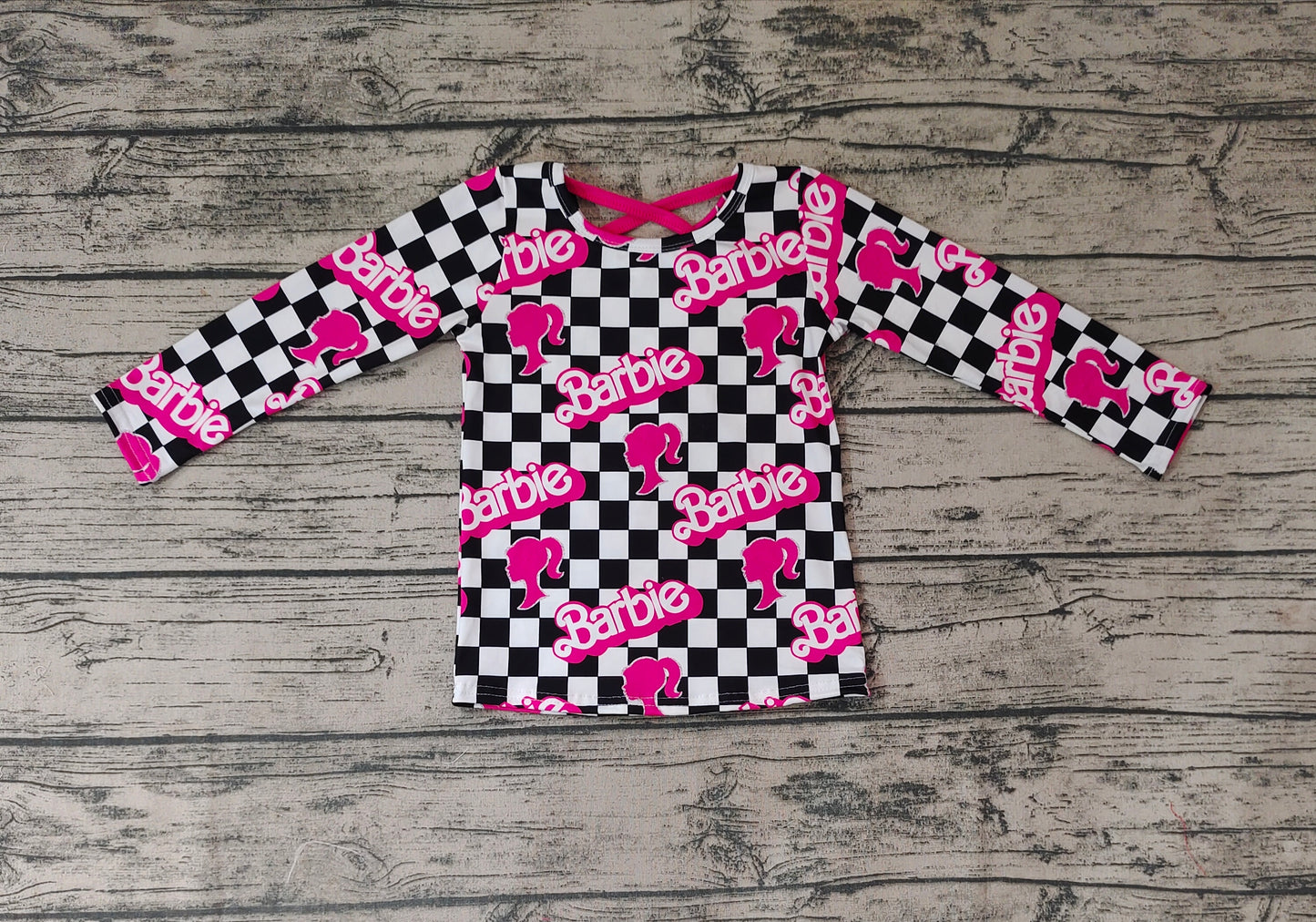 Baby Girls Hotpink Doll Checkered Long Sleeve T-Shirts Tops