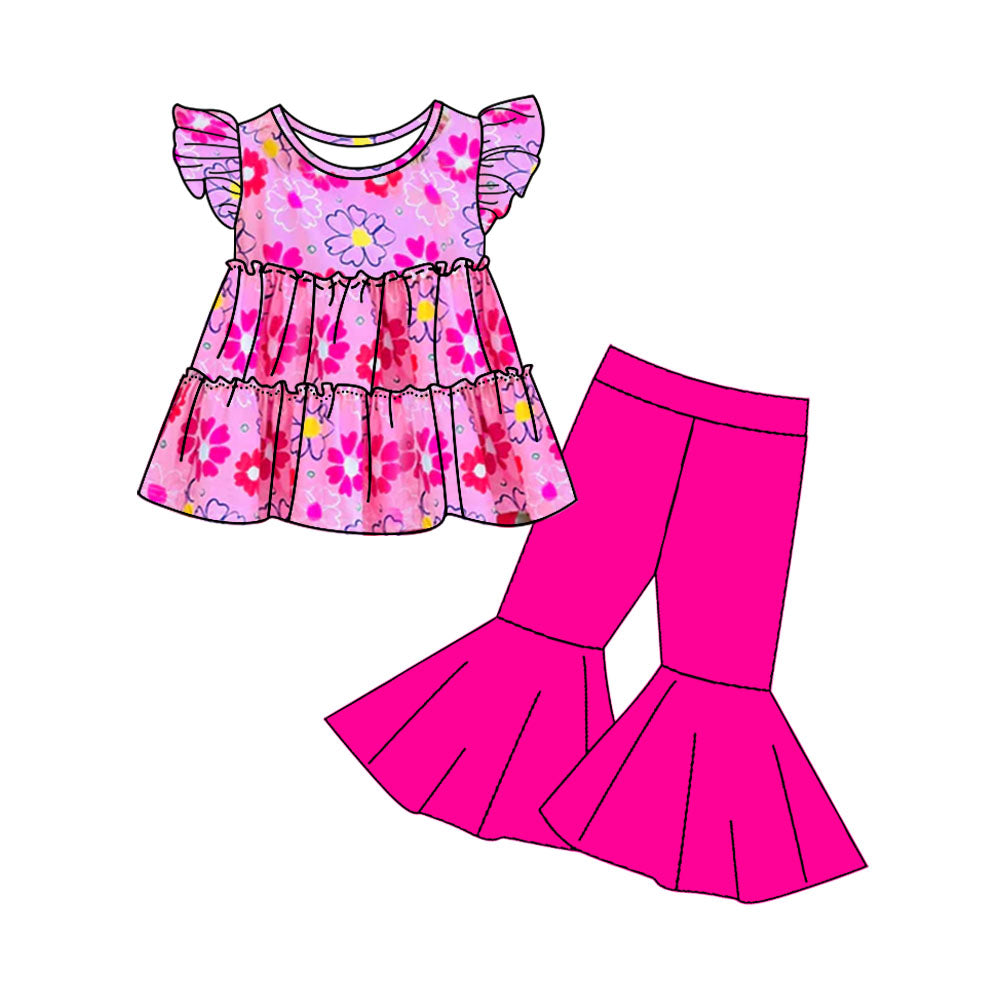 Baby Girls Pink Flowers Tunic Top Bell Pants Outfits Sets preorder(moq 5)