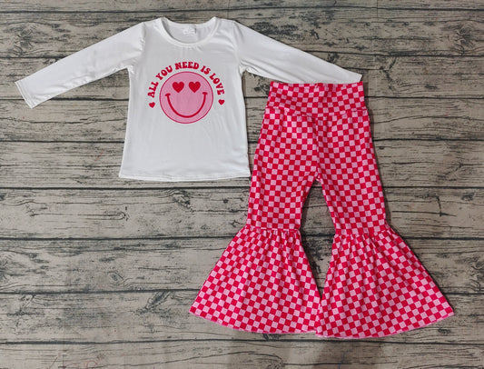Baby Girls Pink Long Sleeve Valentines Tee Shirts Tops Bell Pants Clothes Sets