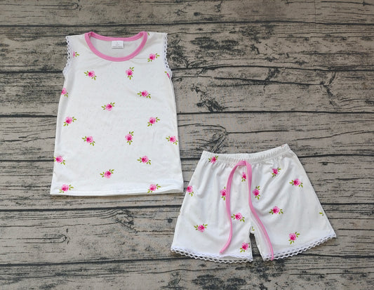 Baby Girls Pink Sleeveless Small Flowers Shirt Top Shorts Clothes Sets