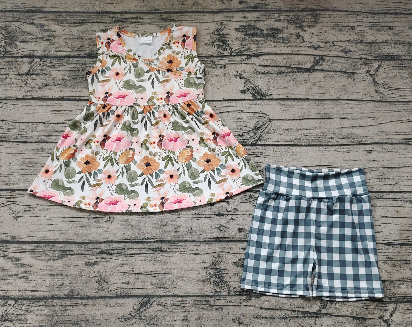 Baby Girls Green Floral Tunic Top Checkered Shorts Clothes Sets