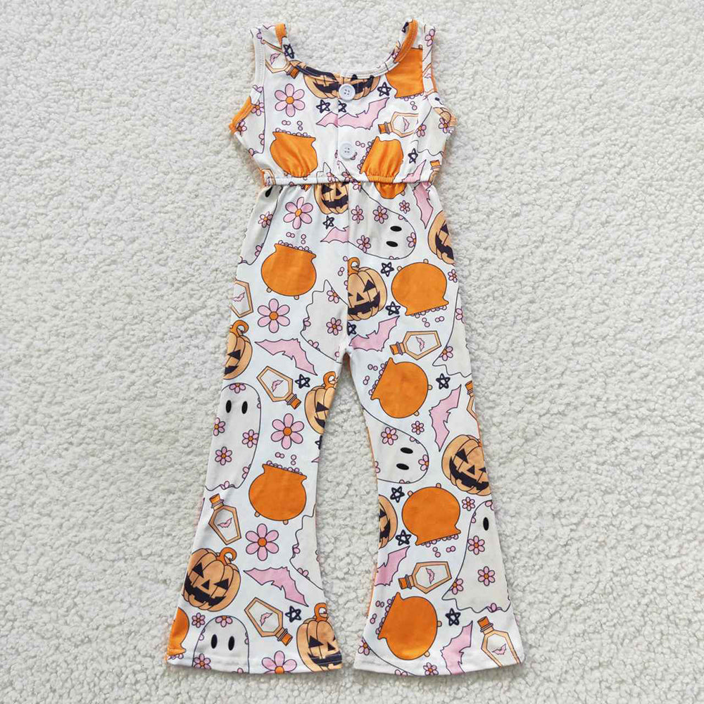 Baby Girls Halloween Ghost Flowers Bell Bottom Jumpsuits