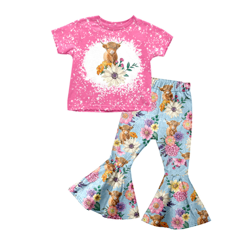 Baby Girls Highland Cow Western Flowers Spring Top Bell Pants Sets Preorder(moq 5)