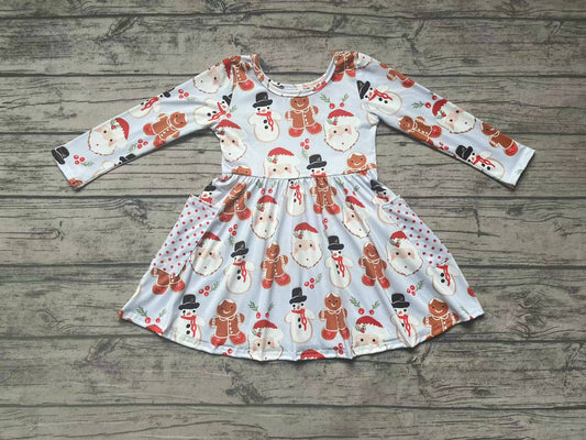 Baby Girls Blue Christmas Snowman Gingerbread Long Sleeve Dresses