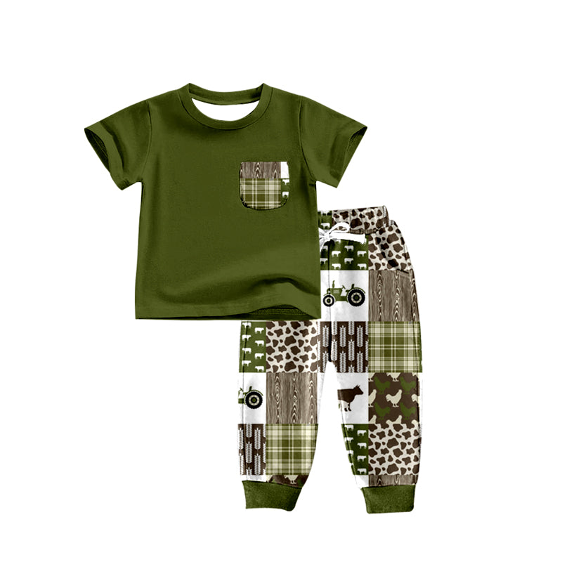 Baby Boys Green Pocket Top Cow Farm Pants Sets Preorder(moq 5)