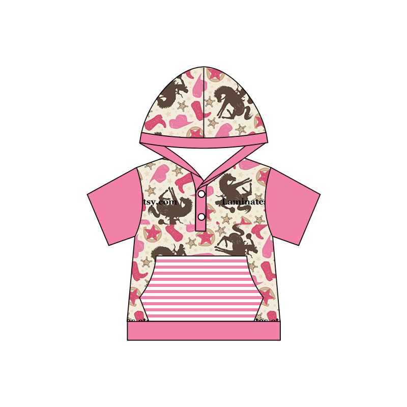 Baby Girls Western Hooded Short Sleeve Horse Top Shirts Preorder(moq 5)