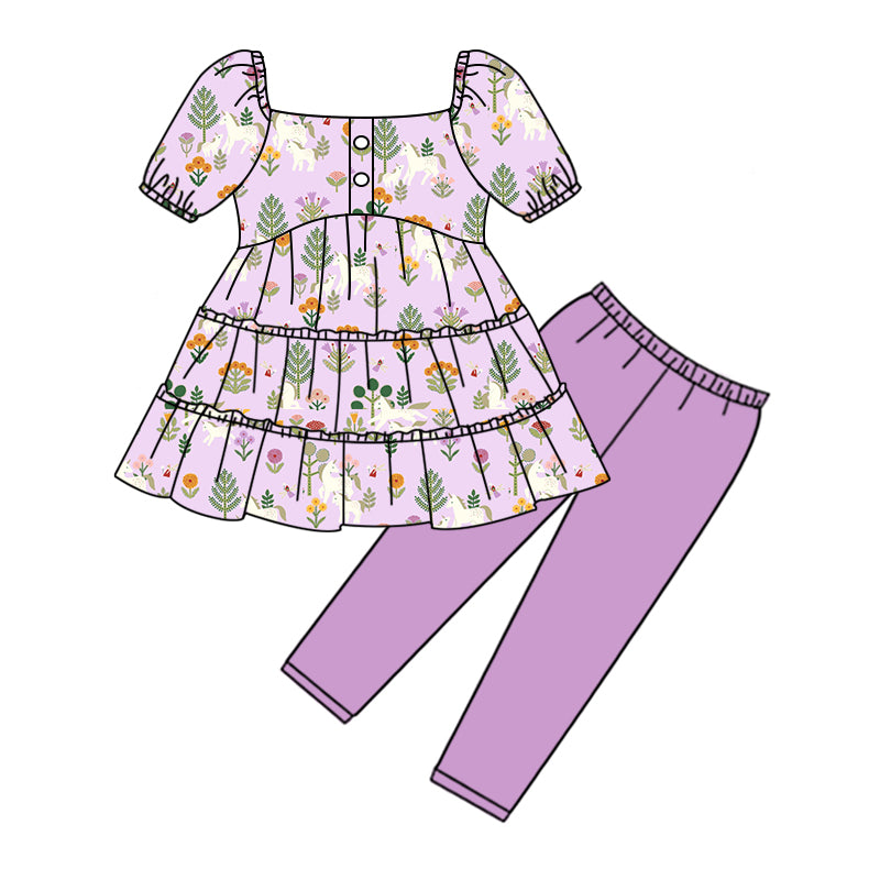 Baby Girls Spring Purple Unicorn Flowers Tunic Legging Bottom Pants Clothing Sets Preorder(moq 5)