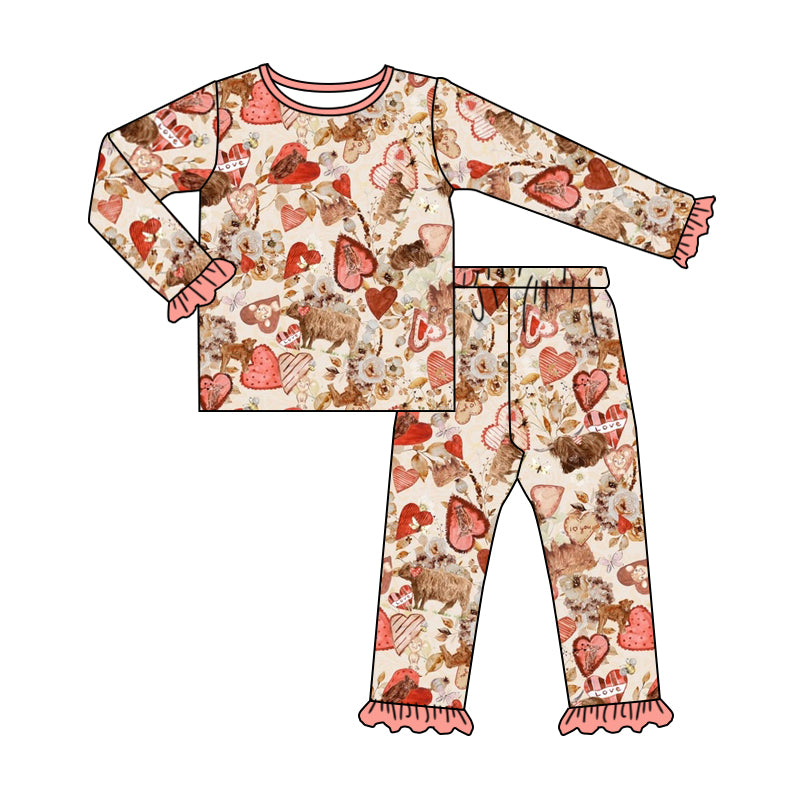 Baby Girls Western Red Valentines Highland Cow Pants Jammies Pajamas Sets Preorder(moq 5)