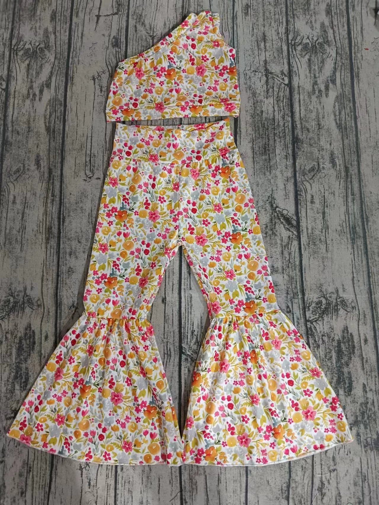 Baby Girls Flowers One Shoulder Crop Top Tee Shirts Bell Bottom Pants Clothes Sets Preorder(moq 5)