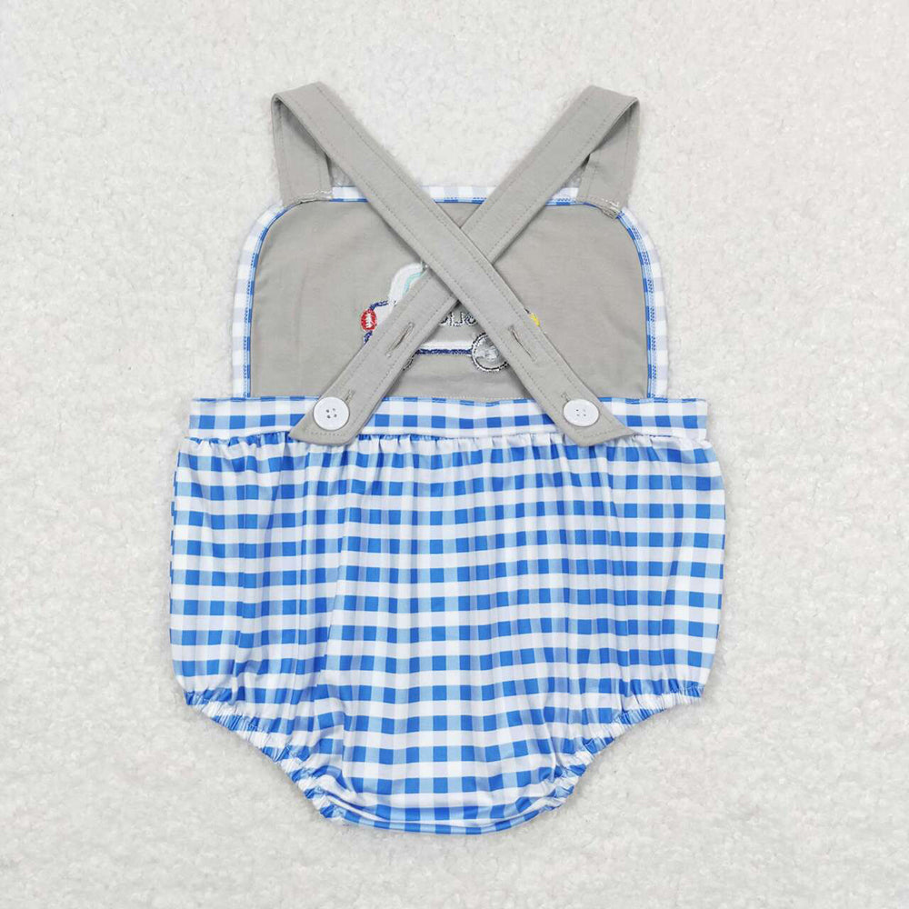 Baby Infant Boys Blue Checkered Police Car Summer Rompers