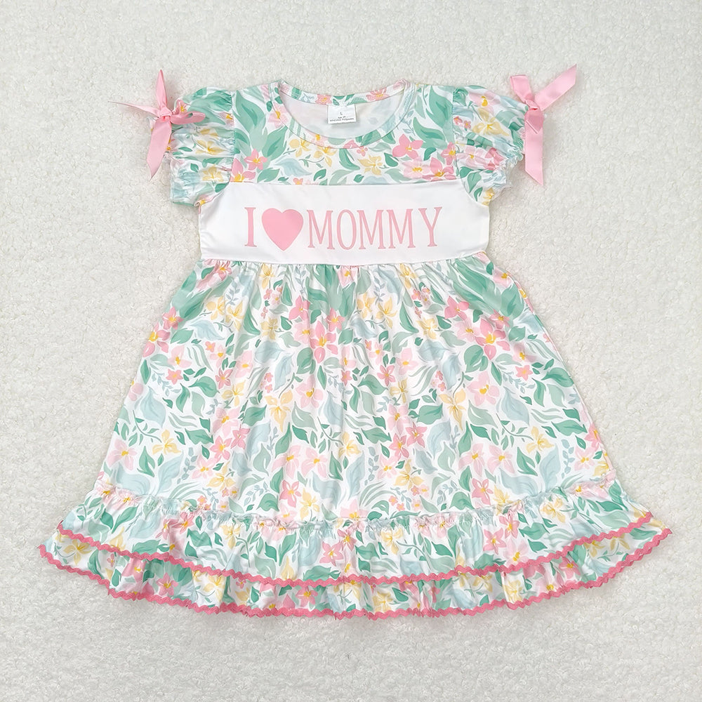 Sibling Baby Girls Colorful Flowers I Love Mommy Ruffle Knee Length Dress Rompers