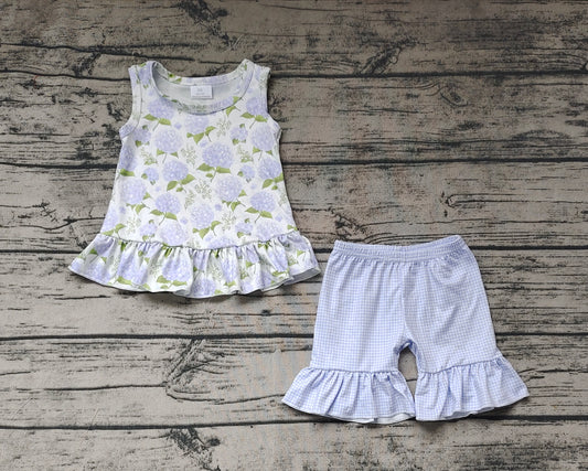 Baby Girls Blue Flowers Sleeveless Tunic Ruffle Shorts Clothes Sets