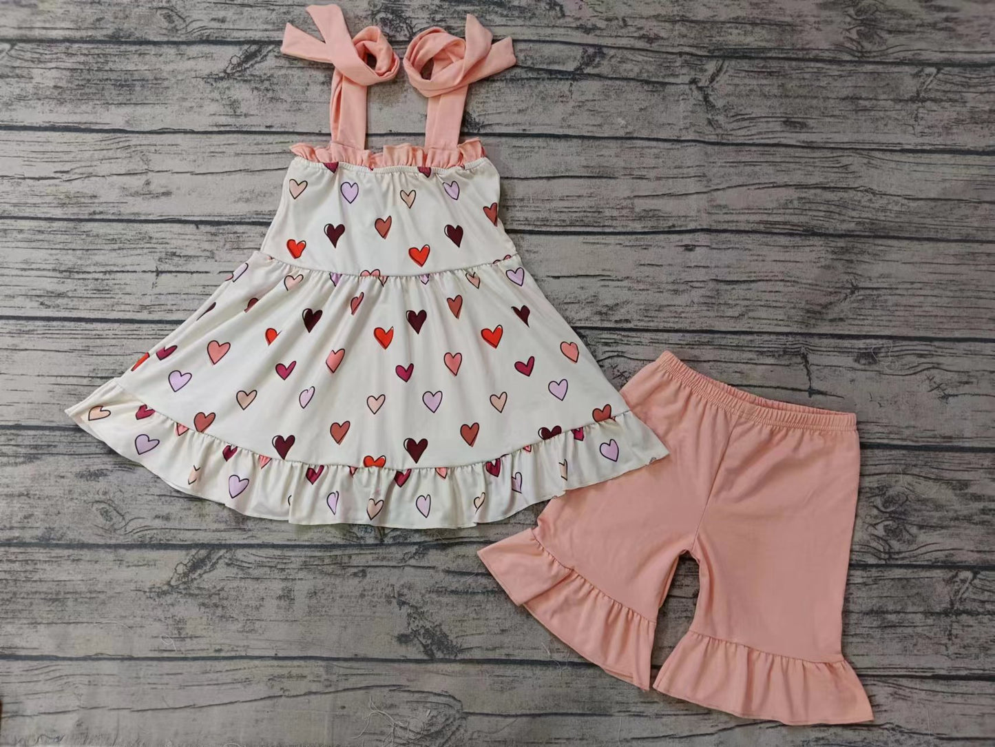 Baby Girls Hearts Straps Tunic Ruffle Shorts Clothes Sets preorder (moq 5)
