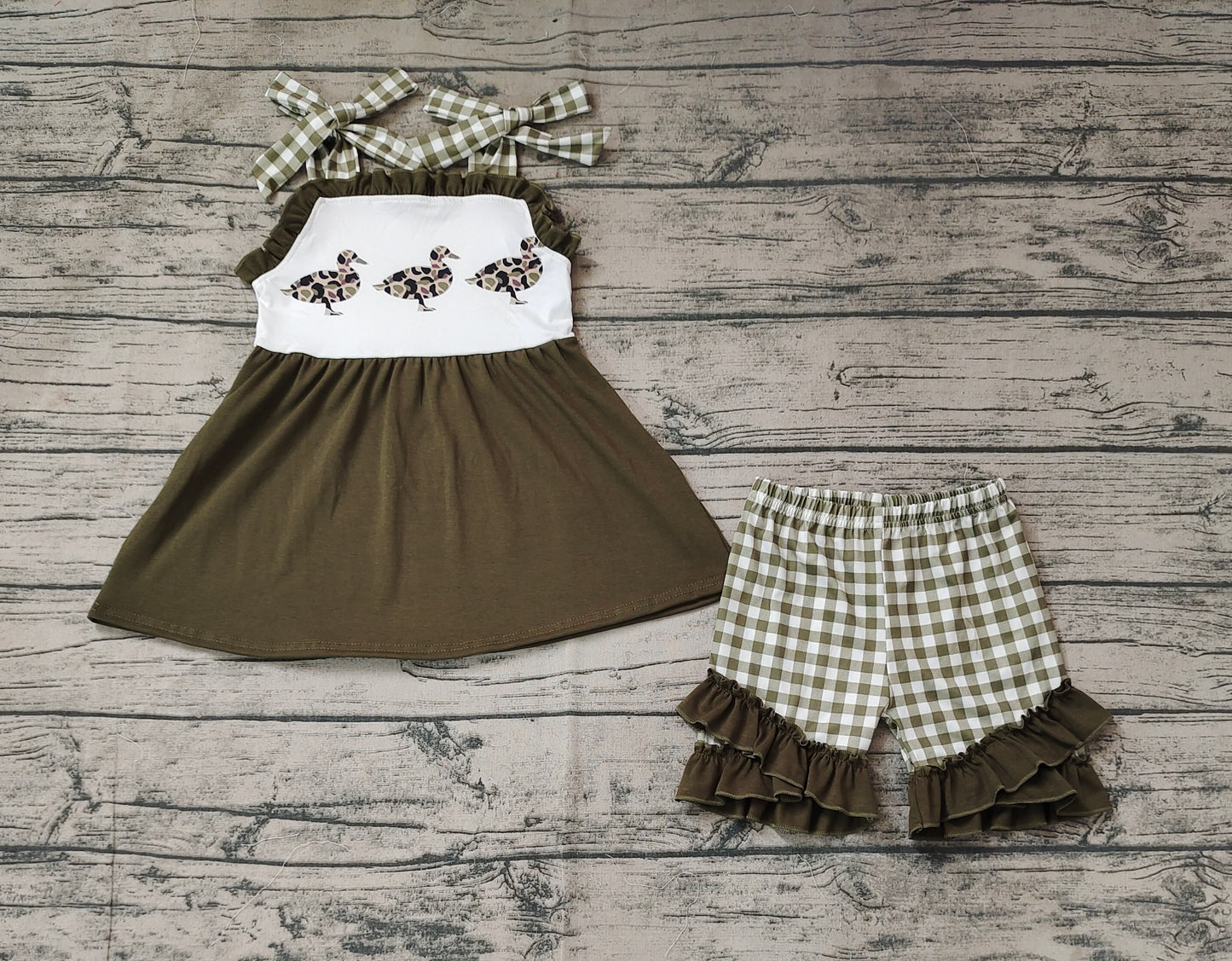 Baby Girls Leopard Duck Green Straps Tunic Summer Shorts Outfits Clothes Sets