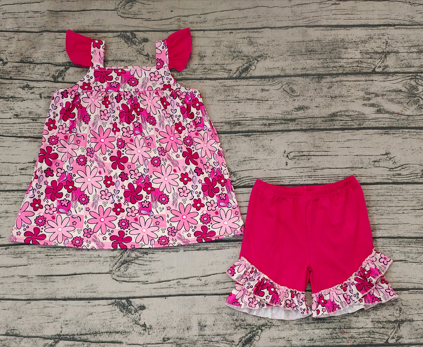 Baby Girls Pink Flowers Flutter Sleeve Tunic Ruffle Shorts Clothes Sets