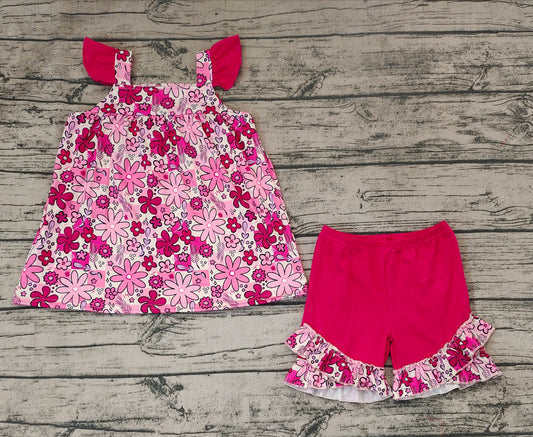 Baby Girls Pink Flowers Flutter Sleeve Tunic Ruffle Shorts Clothes Sets