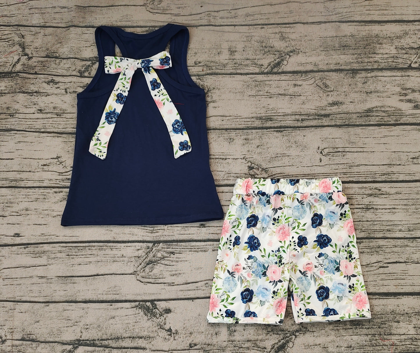 Baby Girls Navy Vest Bows Top Ruffle Floral Shorts Clothes Sets