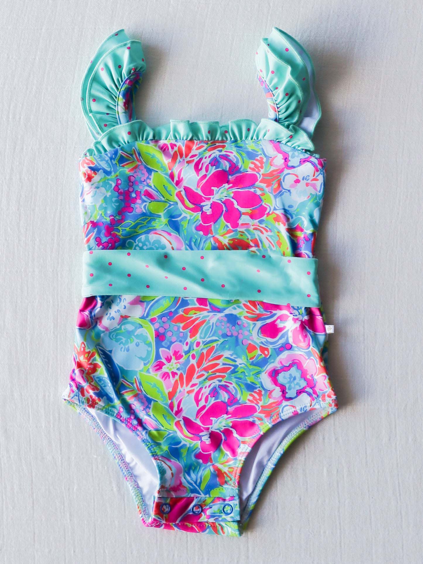 Baby Girls Blue Pink Flowers Straps One Piece Swimsuits Preorder (moq 5)