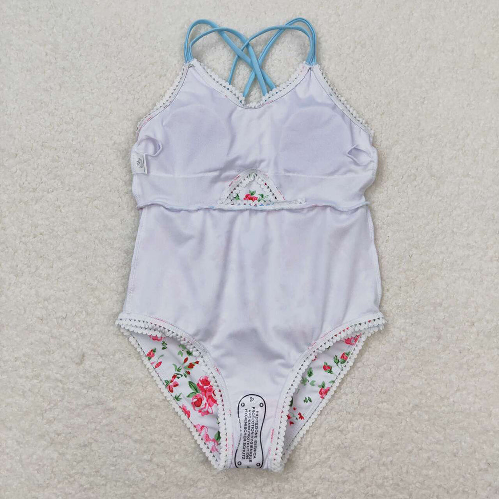 Baby Girls White Pink Flowers Ruffle One Piece Swimsuits