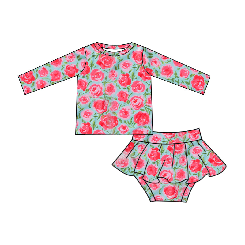 Baby Girls Red Rose Long Sleeve Top Bummie 2pcs Swimsuits Preorder (moq 5)