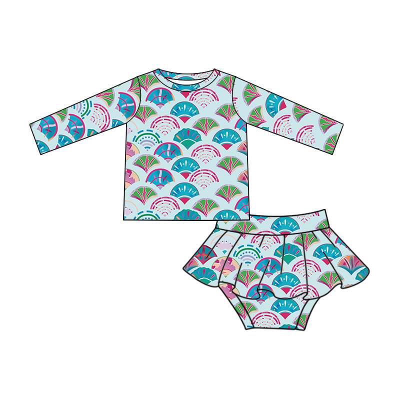 Baby Girls Mermaid Scale Long Sleeve Top Bummie 2pcs Swimsuits Preorder (moq 5)