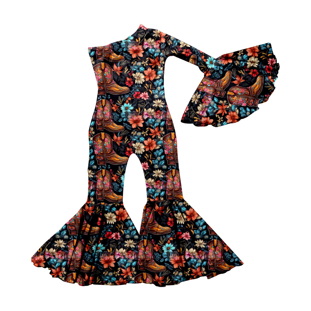 Baby Girls Western Long Sleeve One Shoulder Boots Flowers Bell Pants Jumpsuits preorder(moq 5)