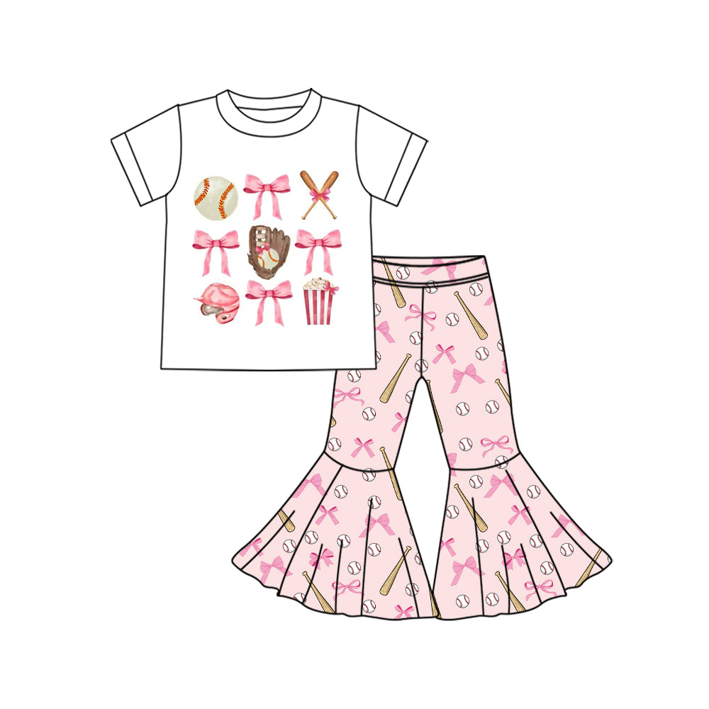 Preorder (moq 5)Baby Girls Baseball Bows Top Bell Bottom Pant Sets