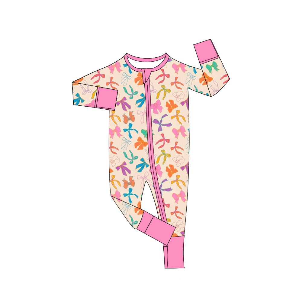 Preorder (moq 5)Baby Girls Pink Colorful Bows Long Sleeves Zipper Rompers