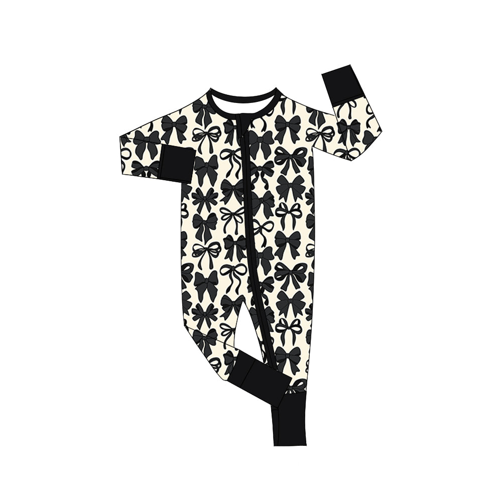 Preorder (moq 5)Baby Girls Black Bows Long Sleeves Zipper Rompers