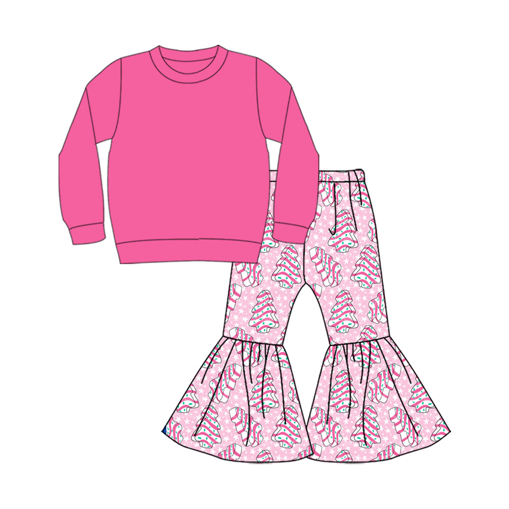 Preorder (moq 5)Baby Girls Pink Color Shirt Top Stripe Bows Stars Bell Bottom Pants Christmas Clothes Sets