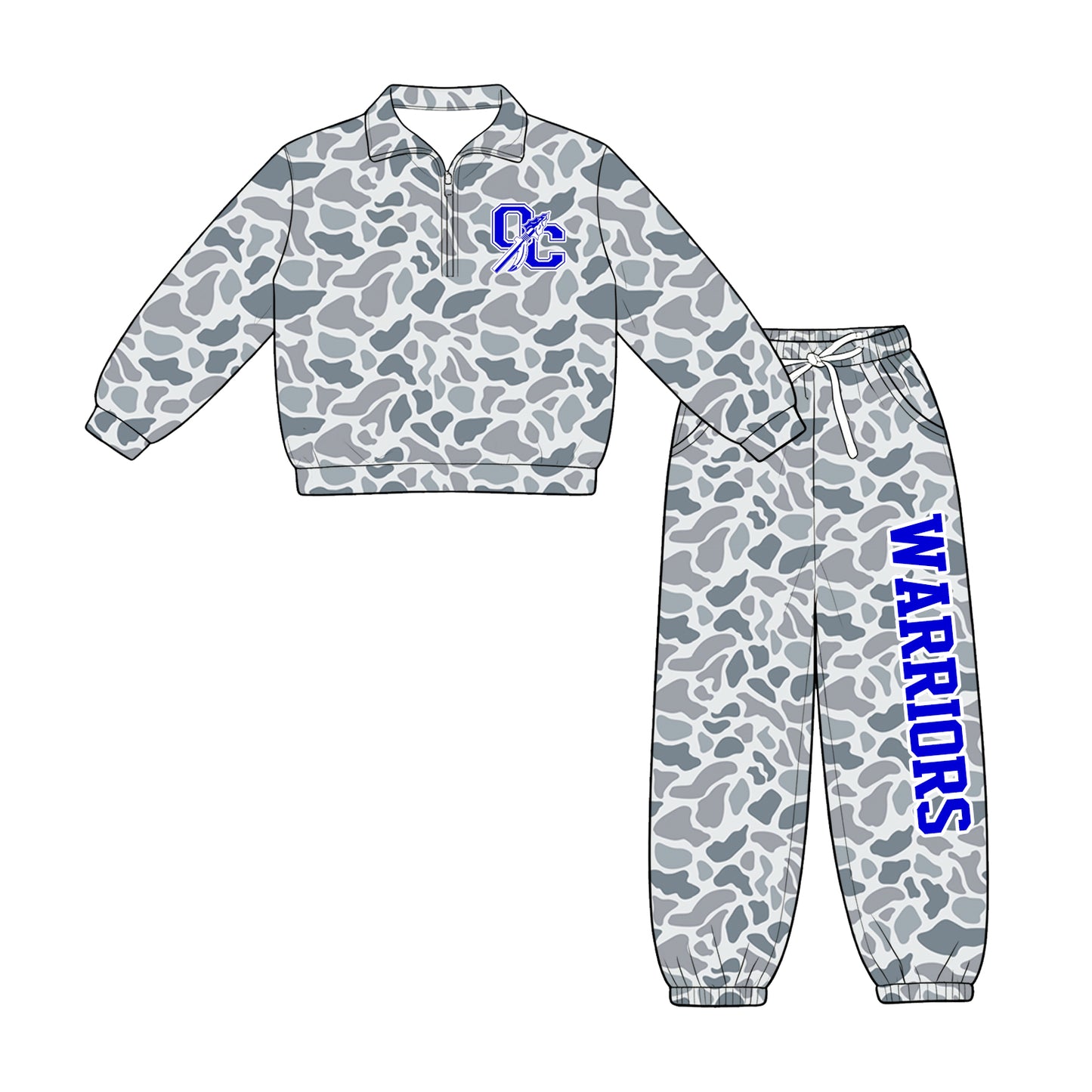 Preorder(moq 5)Baby Boys Grey Camo Warriors Zip Pullover Pockets Joggers Team Clothes Sets