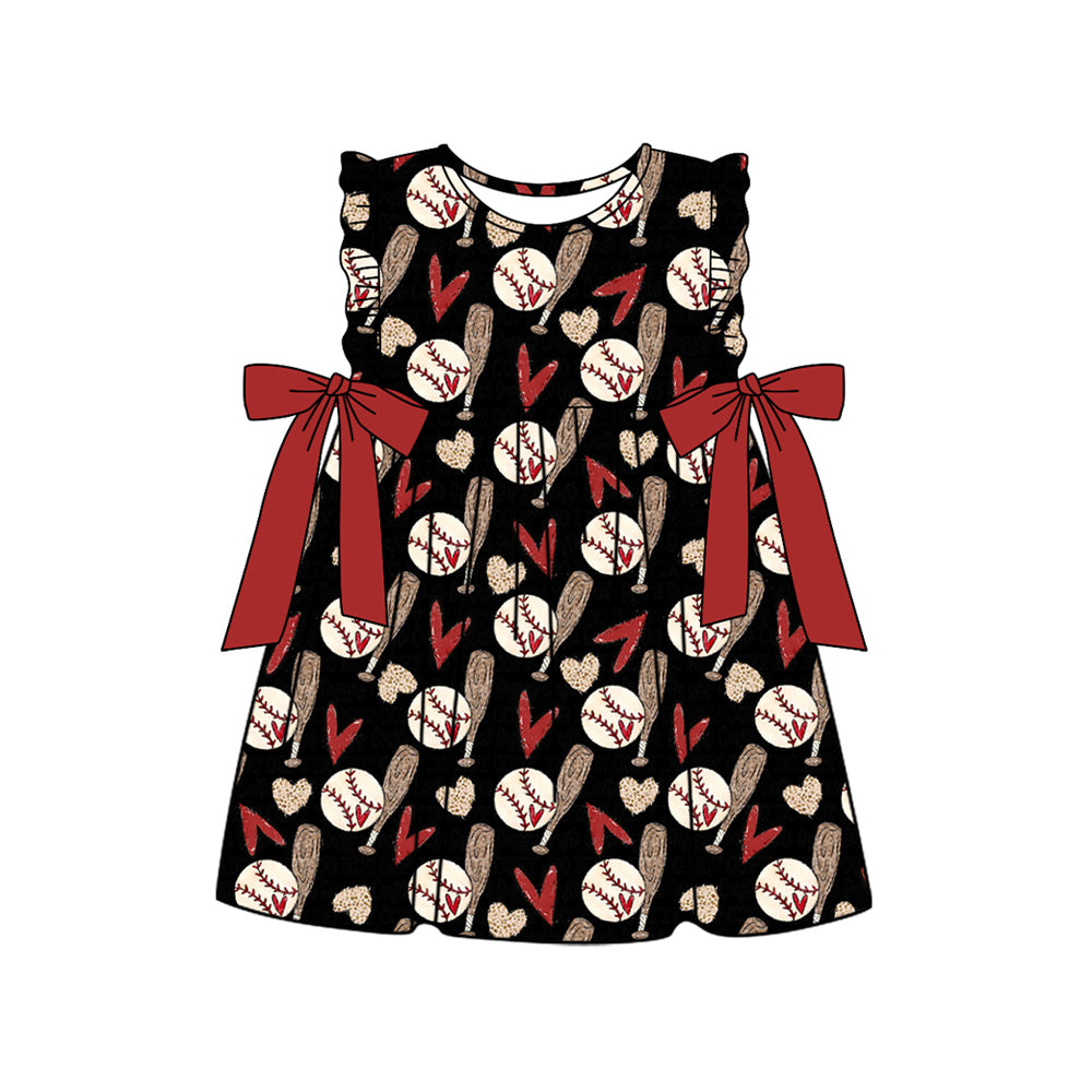 Preorder (moq 5)Baby Girls Baseball Hearts Bows Knee Length Dresses