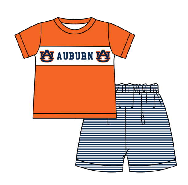 Preorder (moq 5)Baby Boys Orange Short Sleeve Auburn Stripe Short Team Clothes Sets
