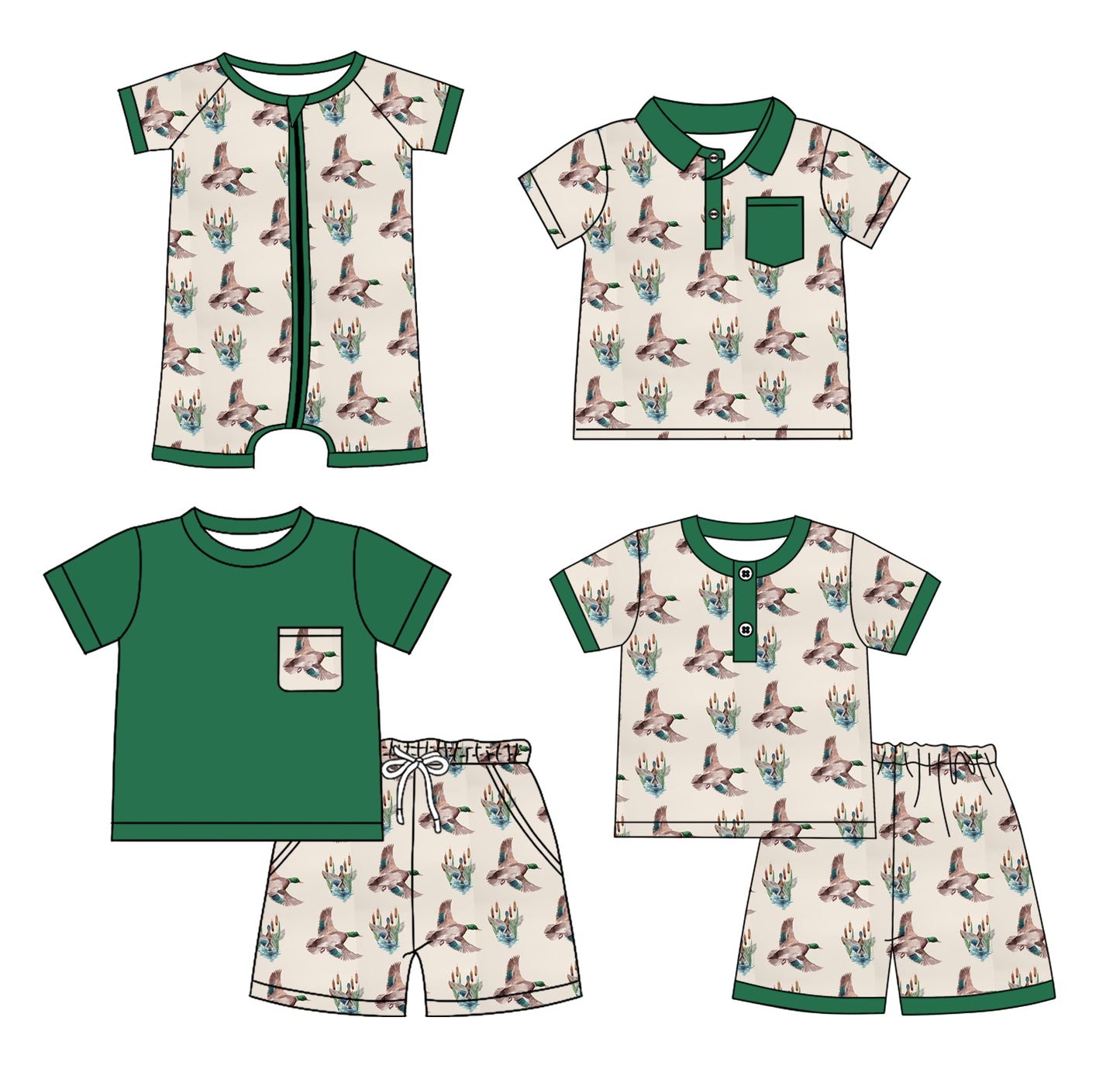 Preorder moq 5 Custom Baby Boys Green Short Sleeves Ducks Top Short Pajamas Set Polo Shirts And Zipper Rompers