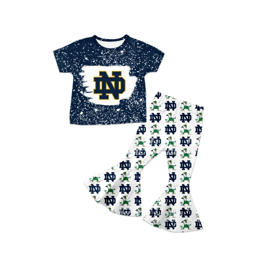 Preorder moq 5 Baby Girls Navy Short Sleeves ND Top Bell Bottom Pants Team Set