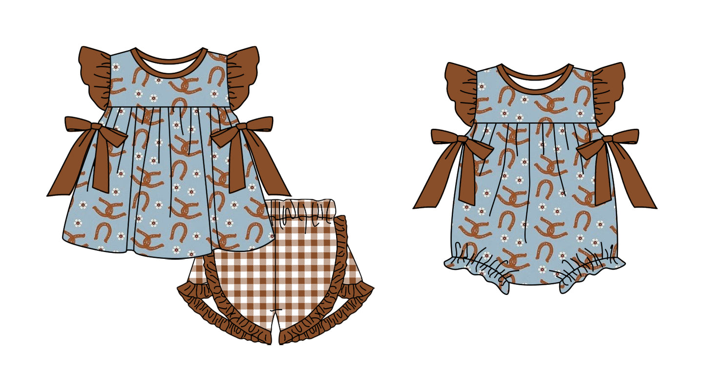 Preorder moq 5 Custom Baby Girls Brown Flowers Horse Shoes Tunic Plaid Ruffle Short Set Rompers