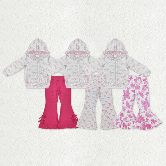 Sibling Baby Girls Pink Bows Zip Pocket Hoodies Jacket Denim Bell Bottom Pants Clothes Sets
