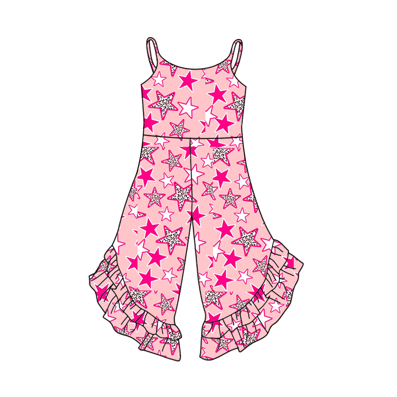 Preorder (moq 5)Baby Girls Pink Strap Stars Bell Bottom Ruffle Jumpsuits Preorder